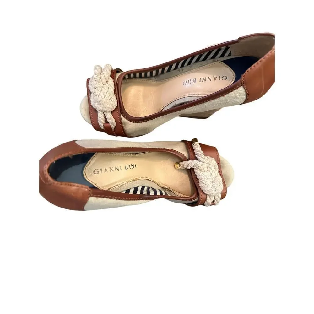 Gianni Bini Women's Brown Trim Cork Rope Platform Wedge Heels Size 6.5
